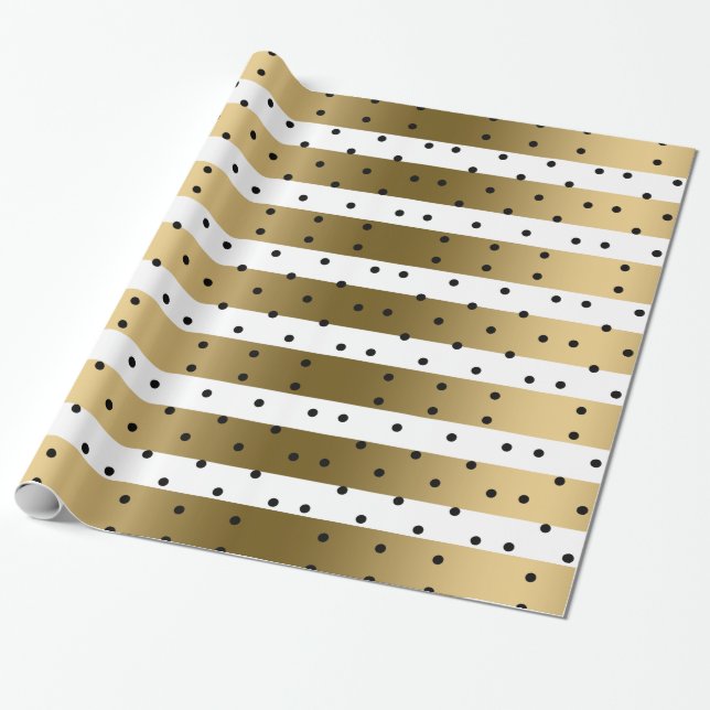 Gold & White Stripes With Black Polka Dots Wrapping Paper (Unrolled)