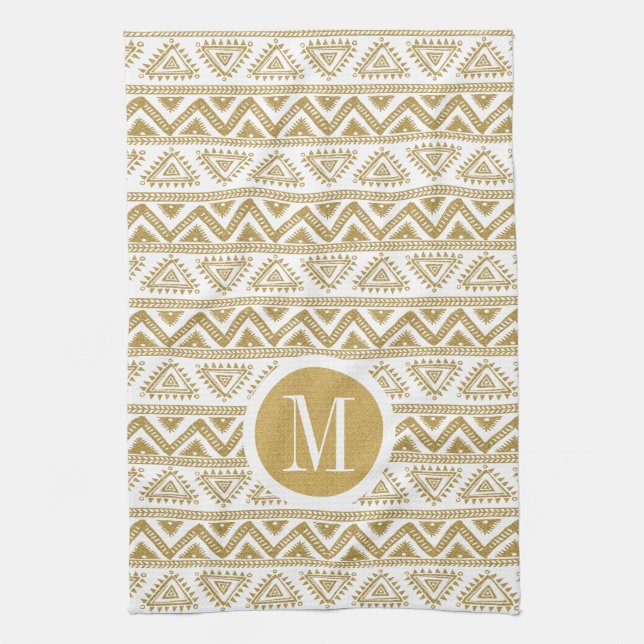 Gold & White Tribal Geometric Pattern Kitchen Towel (Vertical)