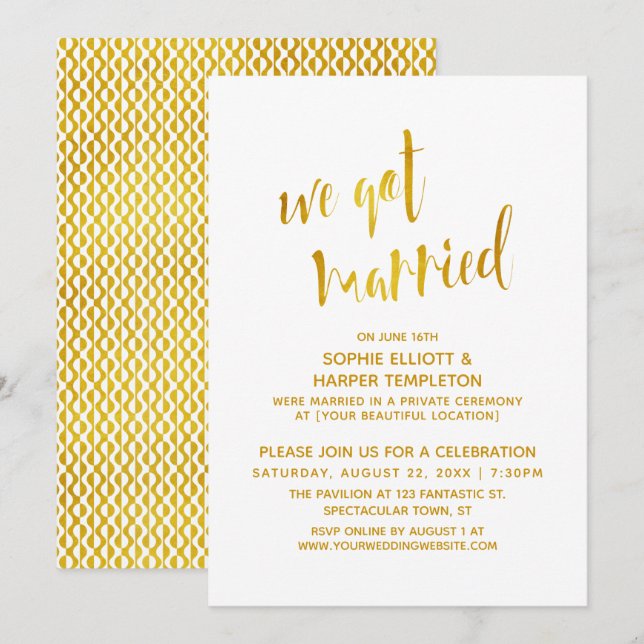 Gold & White We Got Married Typography Celebration Invitation (Front/Back)