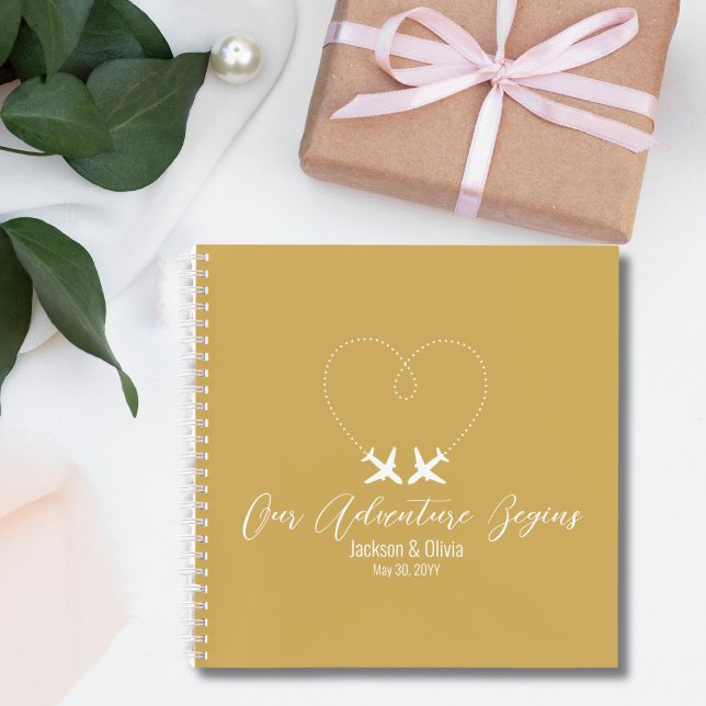Gold & White Wedding, Two Airplanes form a Heart Notebook (Creator Uploaded)