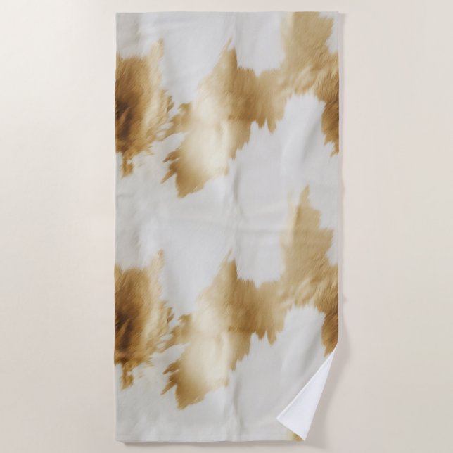 Gold White Western Cowhide  Beach Towel (Front)