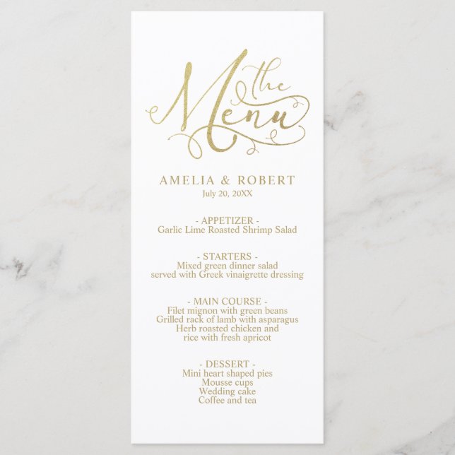 Gold White Whimsical Elegant Calligraphy Menu (Front)