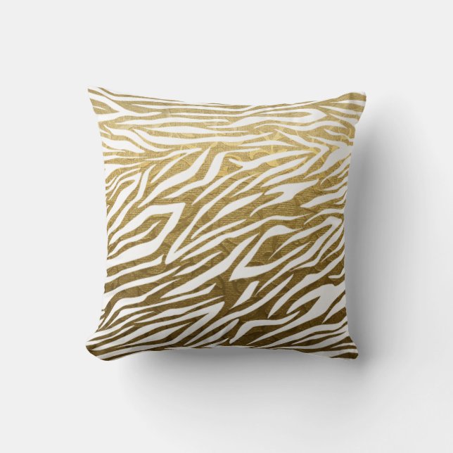 Gold, white zebra animal print throw throw pillow (Front)
