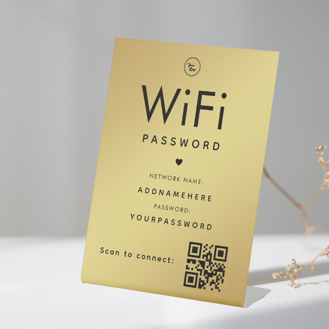 Gold WiFi Password Code Business Logo QR Code Pedestal Sign (Creator Uploaded)