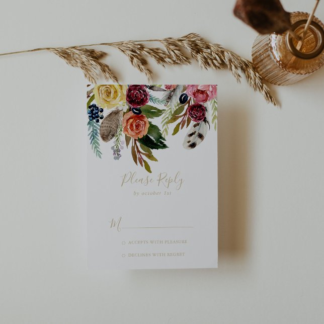 Gold Wild Feather Boho Tropical Floral RSVP Card (Creator Uploaded)