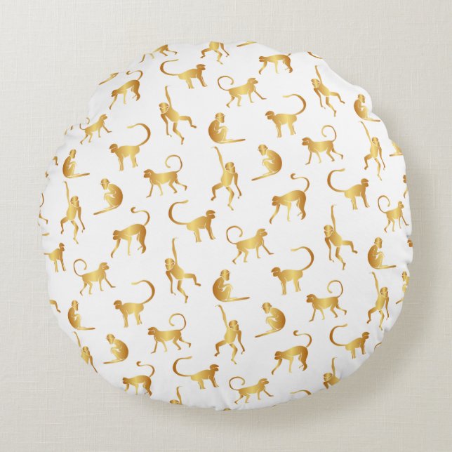 Gold Wild Monkey Tropical Jungle Round Pillow (Front)