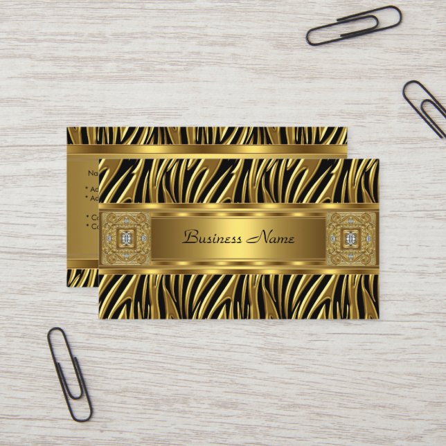 Gold Wild Zebra Black Jewel Look Image Business Card (Front/Back In Situ)