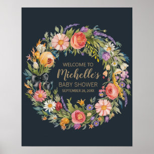 Gold Wildflower girl baby shower welcome sign     
