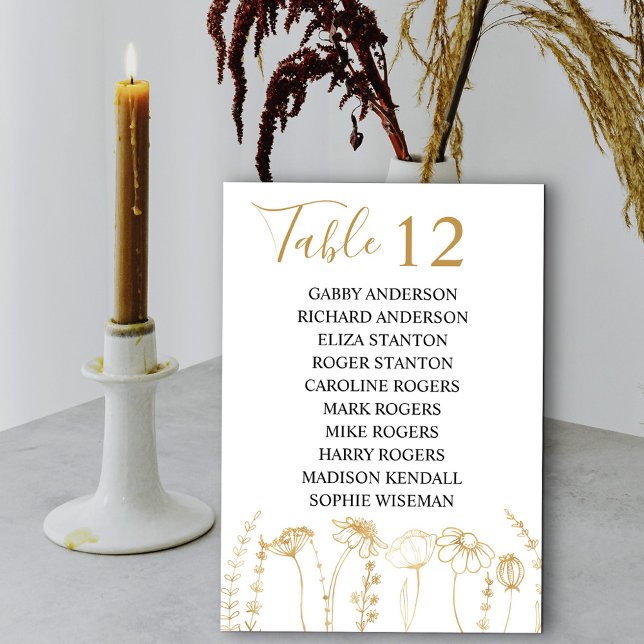 Gold Wildflower Sketch Table Number Seating Cards (Wedding Table Number and Guests Names in White & Gold, from my Wildflower Sketch collection)