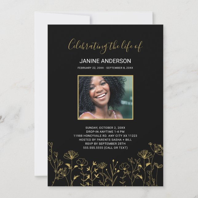 Gold Wildflowers Life celebration photo Invitation (Front)