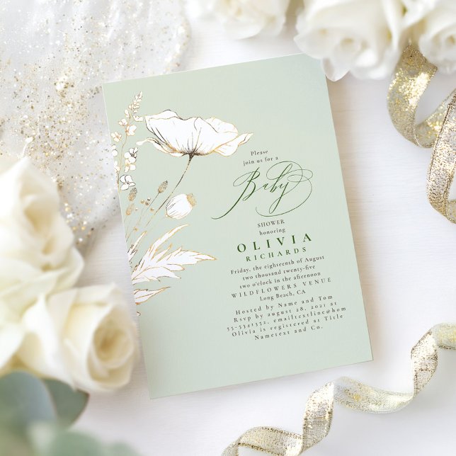 Gold Wildflowers Sage Green Elegant Baby Shower Invitation (Sage Green and Gold Wildflowers Baby Shower Invitation )