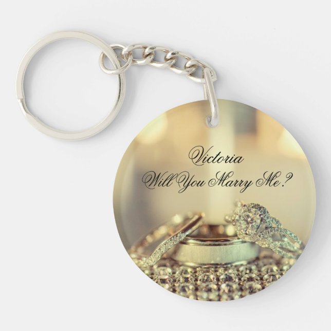 Gold Will You Marry Me Proposal Name Script  Keychain (Front)