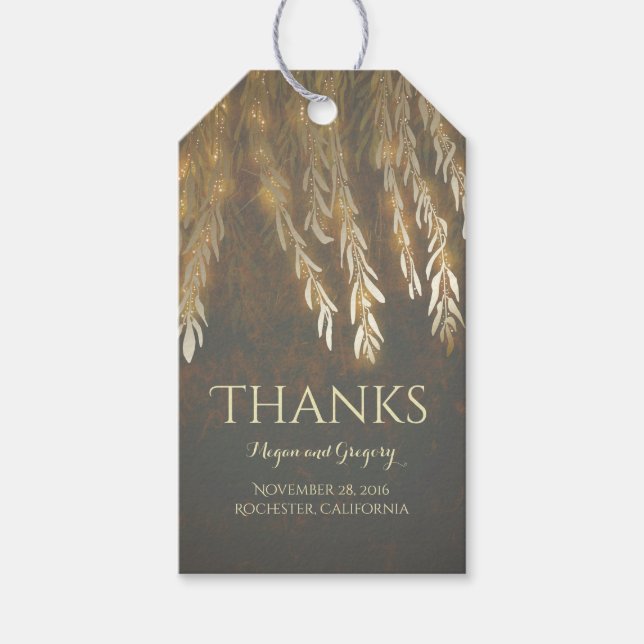 Gold Willow Tree Vintage String Lights Wedding Gift Tags (Front)
