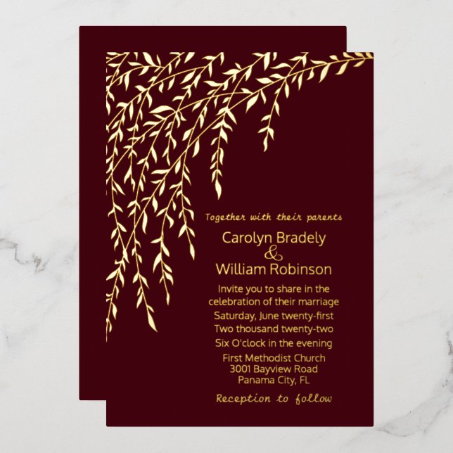 Gold Willows Bourgogne Mariage Foil Invitation (Recto/Verso)