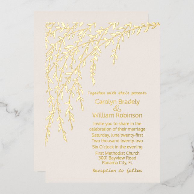 Gold Willows Ivory Wedding Foil Invitation (Front/Back)