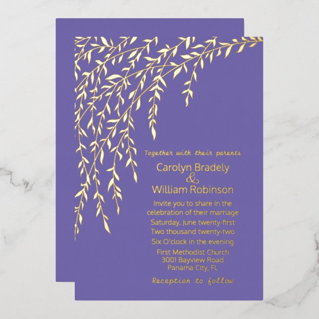 Gold Willows Lavender Wedding Foil Invitation (Front/Back)