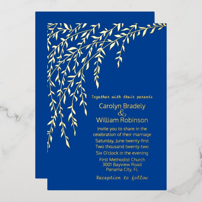 Gold Willows Royal Blue Wedding Foil Invitation (Front/Back)