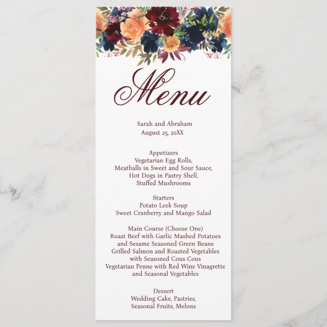 Gold Wine Burgundy Navy Blue Wedding Menu (Front)