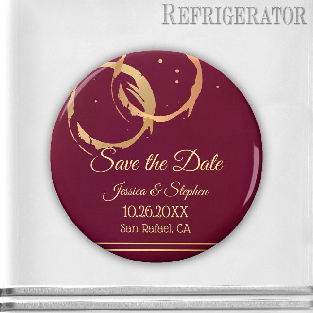 Gold Wine Stains Save the Date Magnet (Save the Date magnet featuring gold and rose gold colored wine rings with sparkles on burgundy)