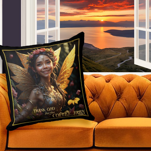 Gold Winged Coffee Fairy Throw Pillow (Artistic design pillow featuring a happy coffee fairy - great for coffee lovers)