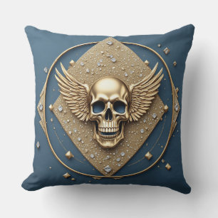 ☠️ Gold Winged Skull Gothic Gift For Bikers 💎 Throw Pillow