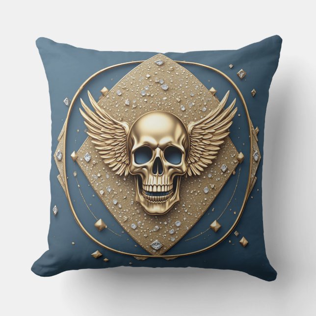 ☠️ Gold Winged Skull Gothic Gift For Bikers 💎 Throw Pillow (Front)