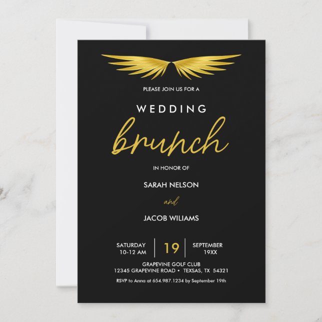 Gold Wings, Black Post Wedding Brunch Invitation (Front)