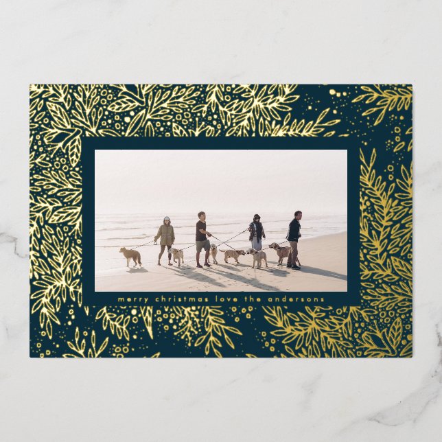 Gold Winter Blue Christmas SnowFlake Photo Frame Foil Holiday Card (Front)