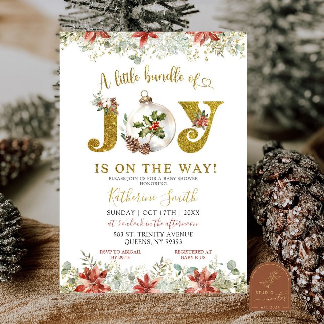 Gold Winter Christmas Ornaments Joy Baby Shower Invitation (Creator Uploaded)