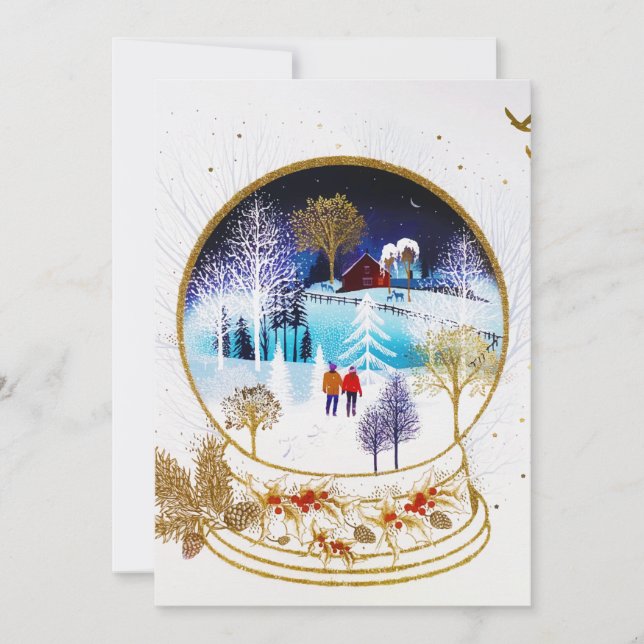 Gold Winter Eve Couple Snowglobe Forest Home Holiday Card (Front)