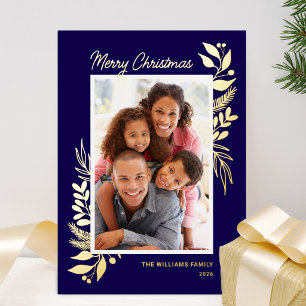 Gold Winter Greenery Blue Photo Christmas Foil Holiday Card