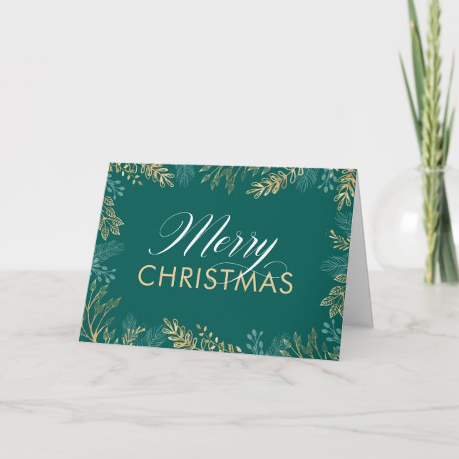 Gold Winter Greenery Carte de Noël Turquoise (Devant)