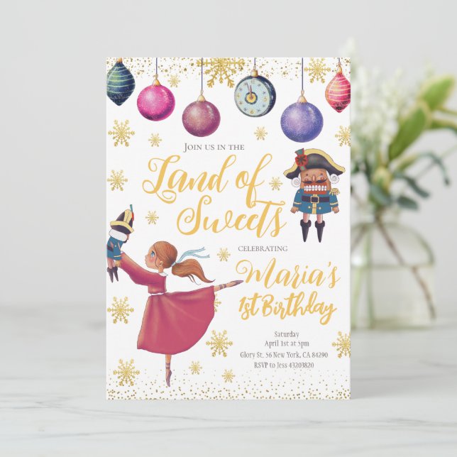 Gold Winter Nutcracker Invitation d'anniversaire (Debout devant)