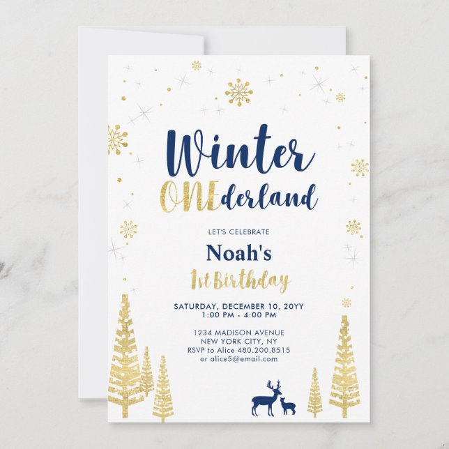 Gold Winter Onederland 1er garçon Invitation anniv (Devant)