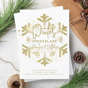 Gold Winter ONEDERLAND 1st Birthday FAUX Glitter Invitation