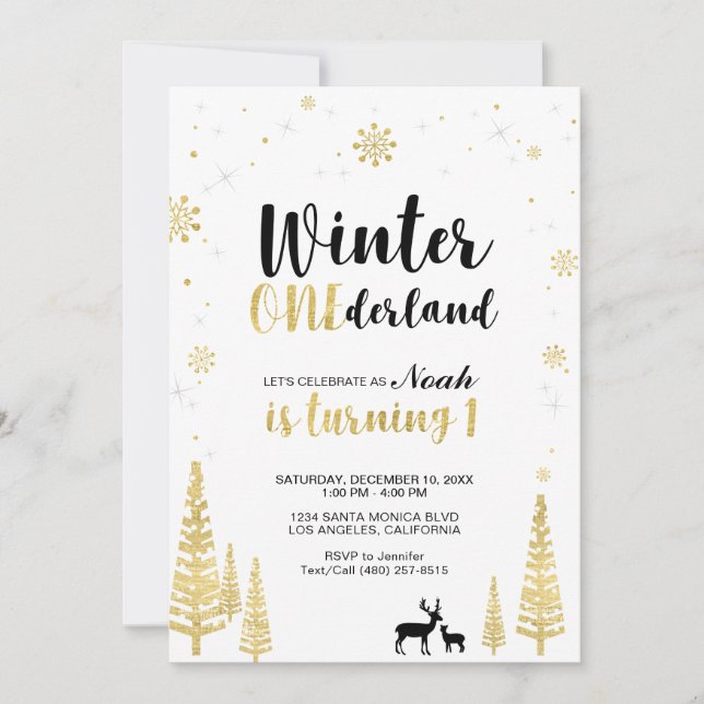 Gold Winter Onederland 1st Boy Birthday Invitation (Front)