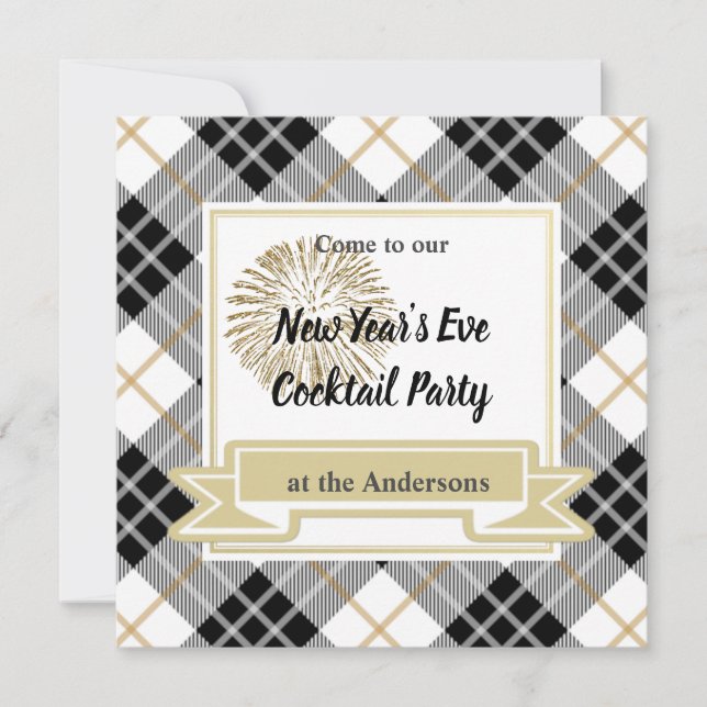 Gold Winter Plaid New Year's Party Invitation (Devant)