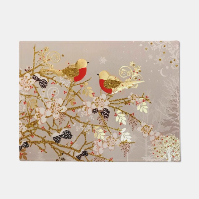 Gold Winter Snow Birds Country Christmas Doormat (Front)