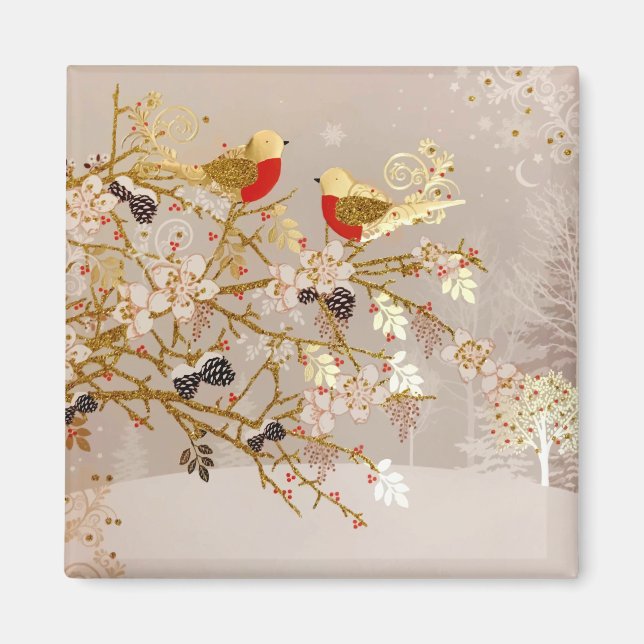 Gold Winter Snow Birds Country Christmas Magnet (Front)