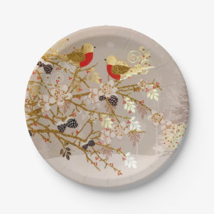 Gold Winter Snow Birds Country Christmas Paper Plate