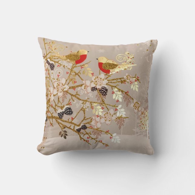 Gold Winter Snow Birds Country Christmas Throw Pillow (Front)