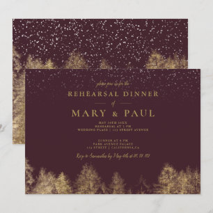Gold Winter snow burgundy pine rehearsal dinner Invitation