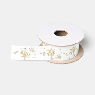 Gold Winter Snowflakes On White Satin Ribbon