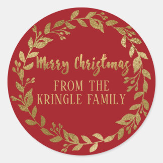 Gold Winter Sprigs Merry Christmas Greeting Classic Round Sticker