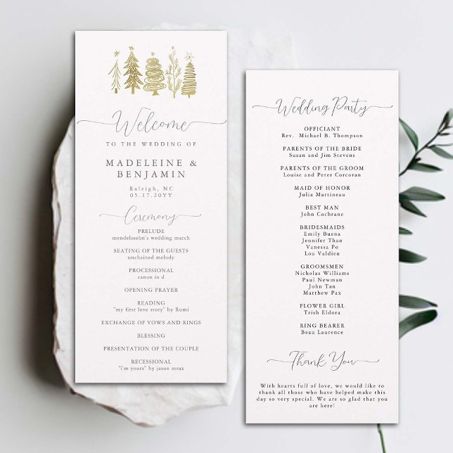 Gold Winter Trees Elegant Modern Wedding Program (winter christmas tree botanical wedding ceremony program elegant modern classic black white gold)