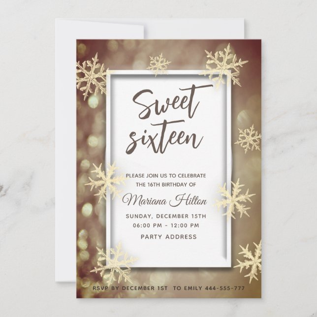 Gold winter wonderland bokeh snowflakes  invitation (Front)