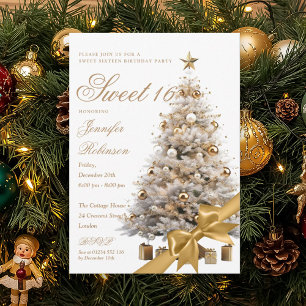 Gold Winter Wonderland Bow Sweet 16 Birthday Party Invitation