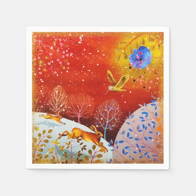 Gold Winter Woodland Rabbit Owl Watercolor Napkin (Front)