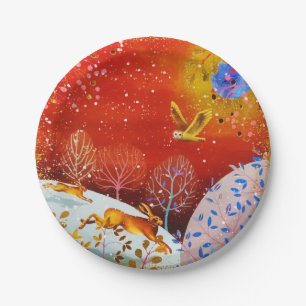 Gold Winter Woodland Rabbit Owl Watercolor Paper Plate