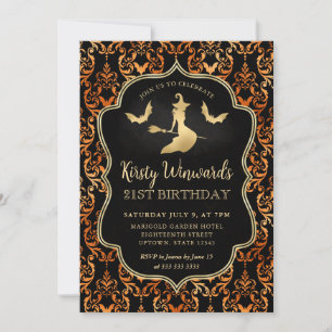 Gold Witch and Bats Damask 21st Birthday Invitation